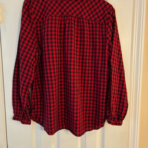 Talbots Women's Black Red Plaid Cotton Long Sleeve Button Ruffle Collar Shirt L - Picture 4 of 11